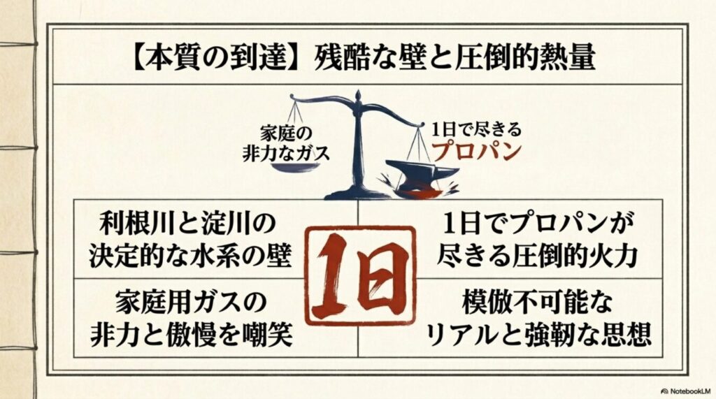 家庭用ガスの非力さと1日で尽きるプロパンの圧倒的火力を比較し、その決定的な違いを解説する図解。