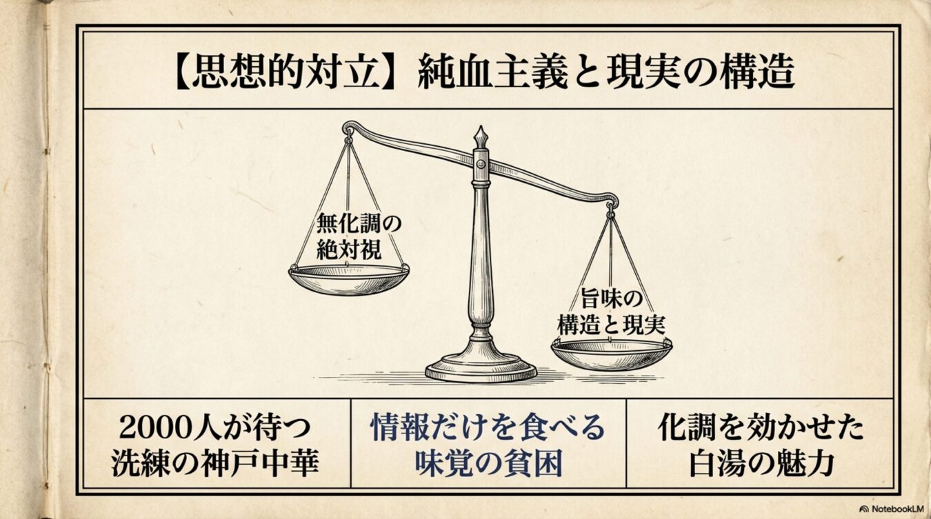 純血主義と現実の構造をテーマに、無化調の絶対視と旨味の現実を天秤にかけ、神戸中華などを解説する構成。