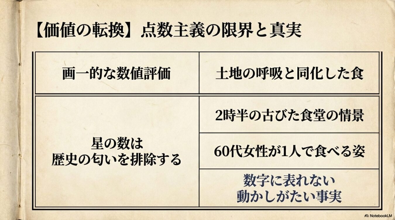 点数主義の限界と真実をテーマに画一的な数値評価と数値化できない食の情景や事実を対比した図表。