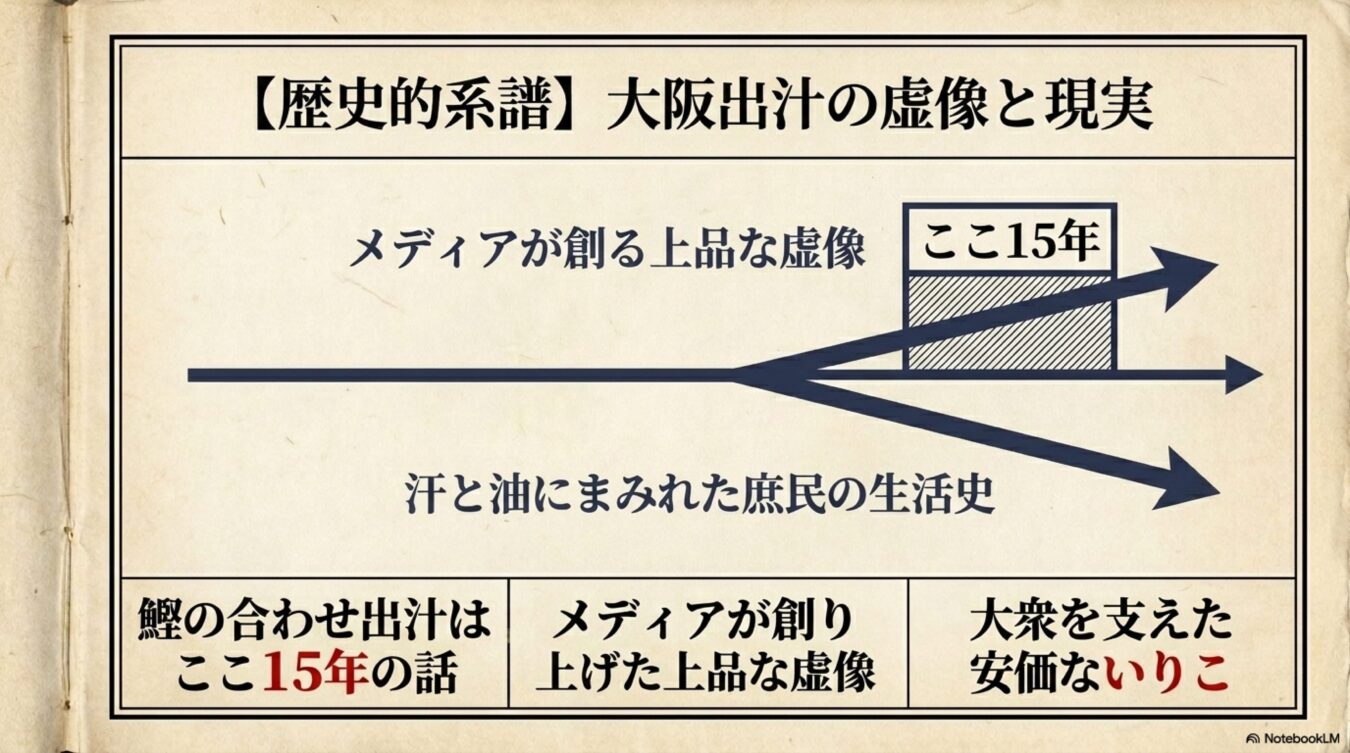 大阪出汁の歴史における、メディアが創り上げた上品な虚像と庶民を支えた安価ないりこの現実の対比。