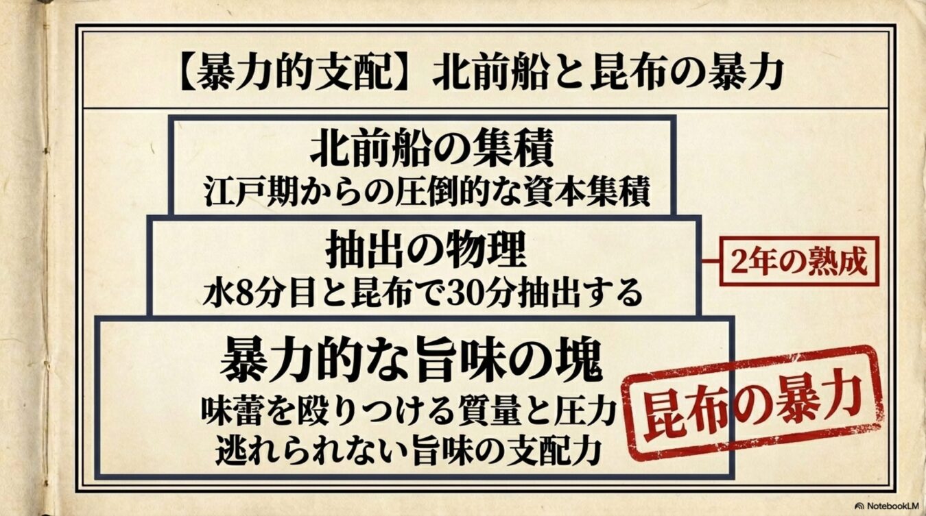 北前船の資本集積から2年の熟成と抽出、そして暴力的な旨味の支配力へと至る昆布の暴力を解説した図解。