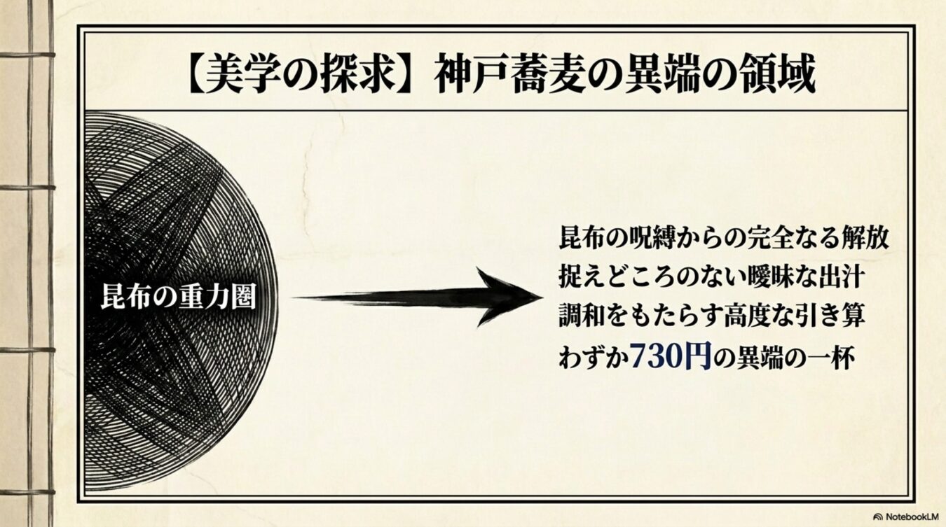 美学の探求として昆布の重力圏から解放された、神戸蕎麦の異端の一杯と出汁の調和を説明するスライド。