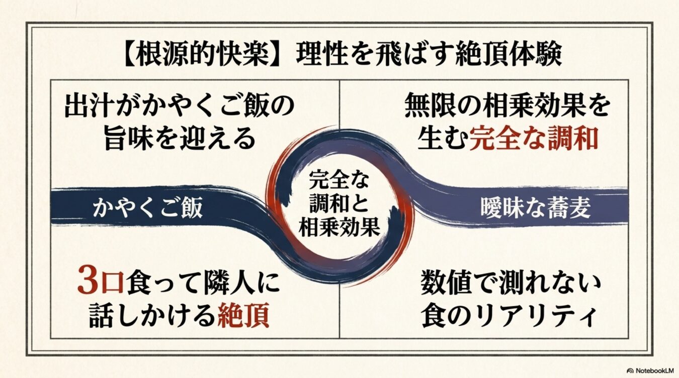 かやくご飯と曖昧な蕎麦の組み合わせによる完全な調和と、無限の相乗効果が生む食の根源的快楽を示す図解。