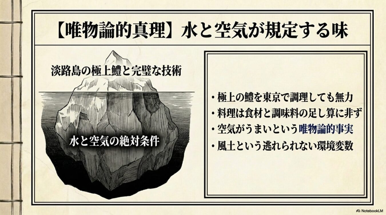 水と空気が規定する味をテーマに、食材や技術の下に水と空気の絶対条件があることを表した氷山の図解。