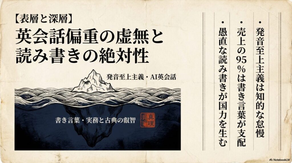 英会話偏重を批判し、読み書きの重要性を氷山モデルで図解。発音至上主義は知的な怠慢であり、実務や国力には読み書きが不可欠だと主張している。