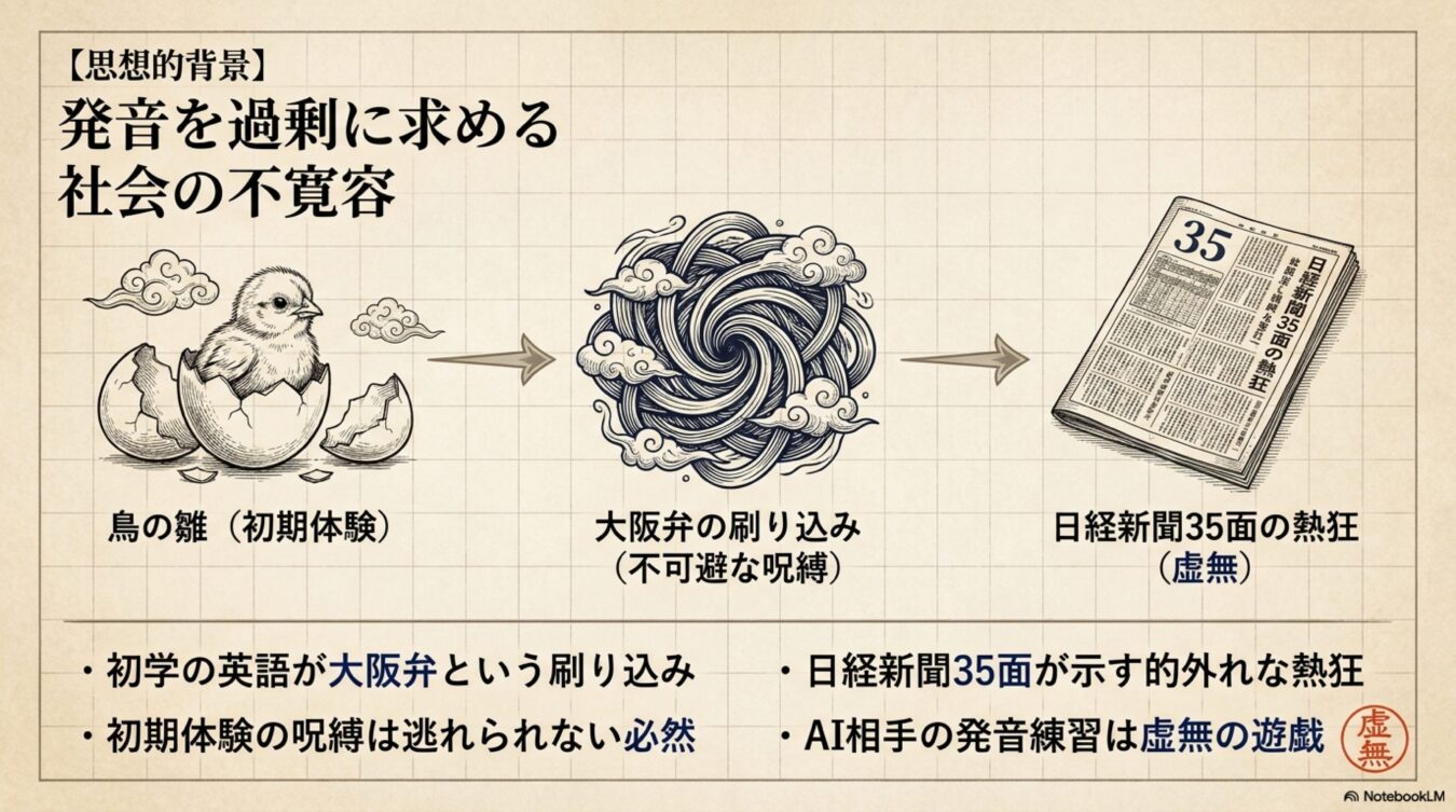 発音を過剰に求める社会の不寛容さを批判する図解。初期体験としての大阪弁の刷り込みが避けられない呪縛となり、日経新聞35面が報じるようなAIの発音練習への熱狂を虚無的な遊戯であると論じている。