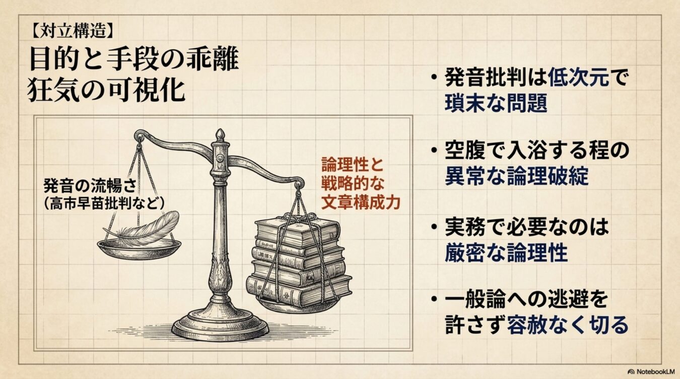 天秤で羽根と書籍を比較し、発音の流暢さより論理性と戦略的な文章構成力が重要であることを示し、目的と手段の乖離を批判する図解。
