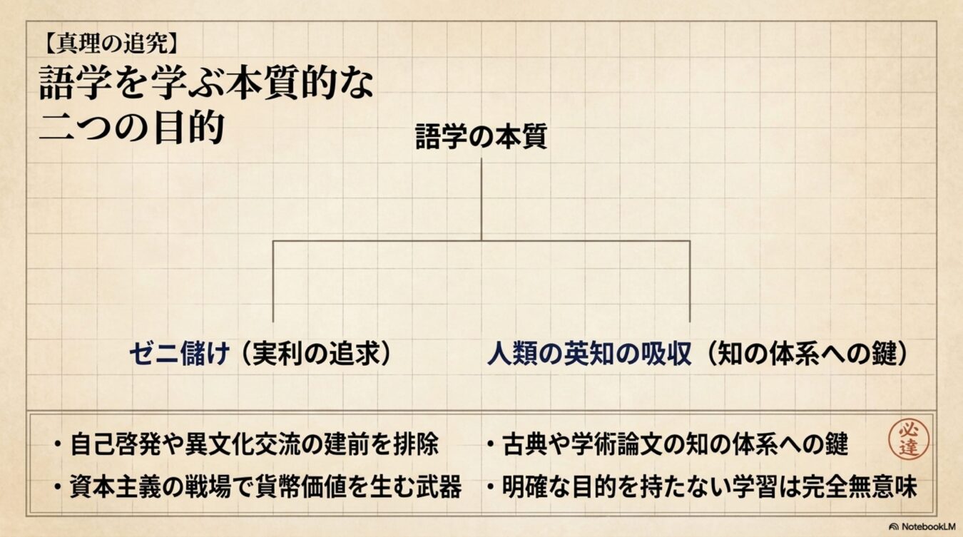 語学を学ぶ二つの目的としてゼニ儲け(実利の追求)と人類の英知の吸収を挙げ、それぞれの具体的な定義と意義を解説した図解。