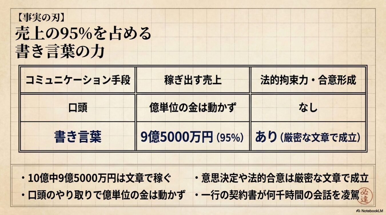 売上の95%は書き言葉で生み出されるとし、口頭と書き言葉の売上や法的拘束力の違いを比較し、文章の重要性を説いた図解。