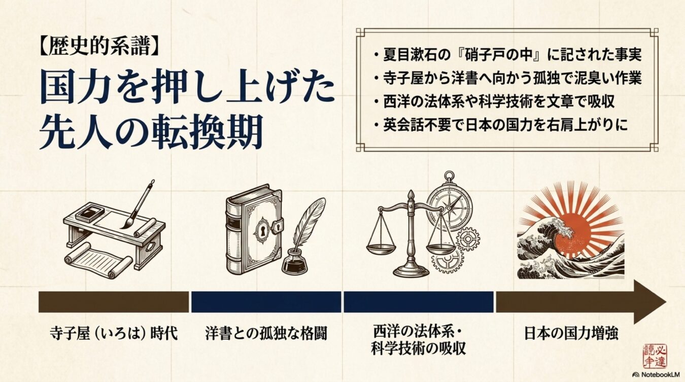 寺子屋から西洋の知を吸収し日本の国力を高めた歴史的転換期を、4つの段階で示した図解。