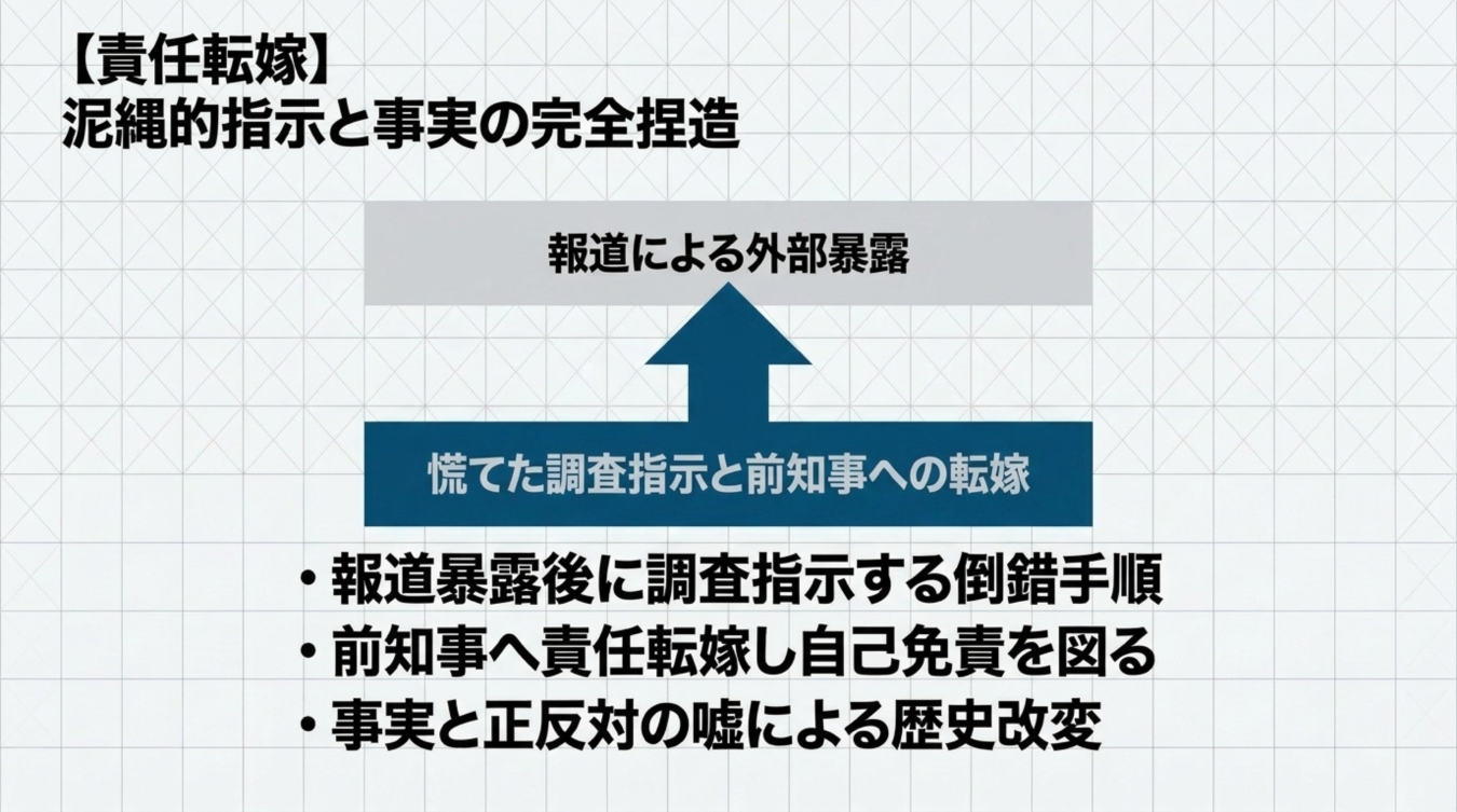 責任転嫁や泥縄的指示による歴史改変の構造を示す解説図