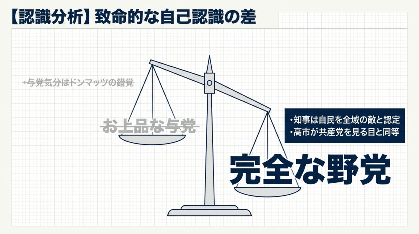 お上品な与党と完全な野党を天秤で比較し自己認識の差を分析した図解