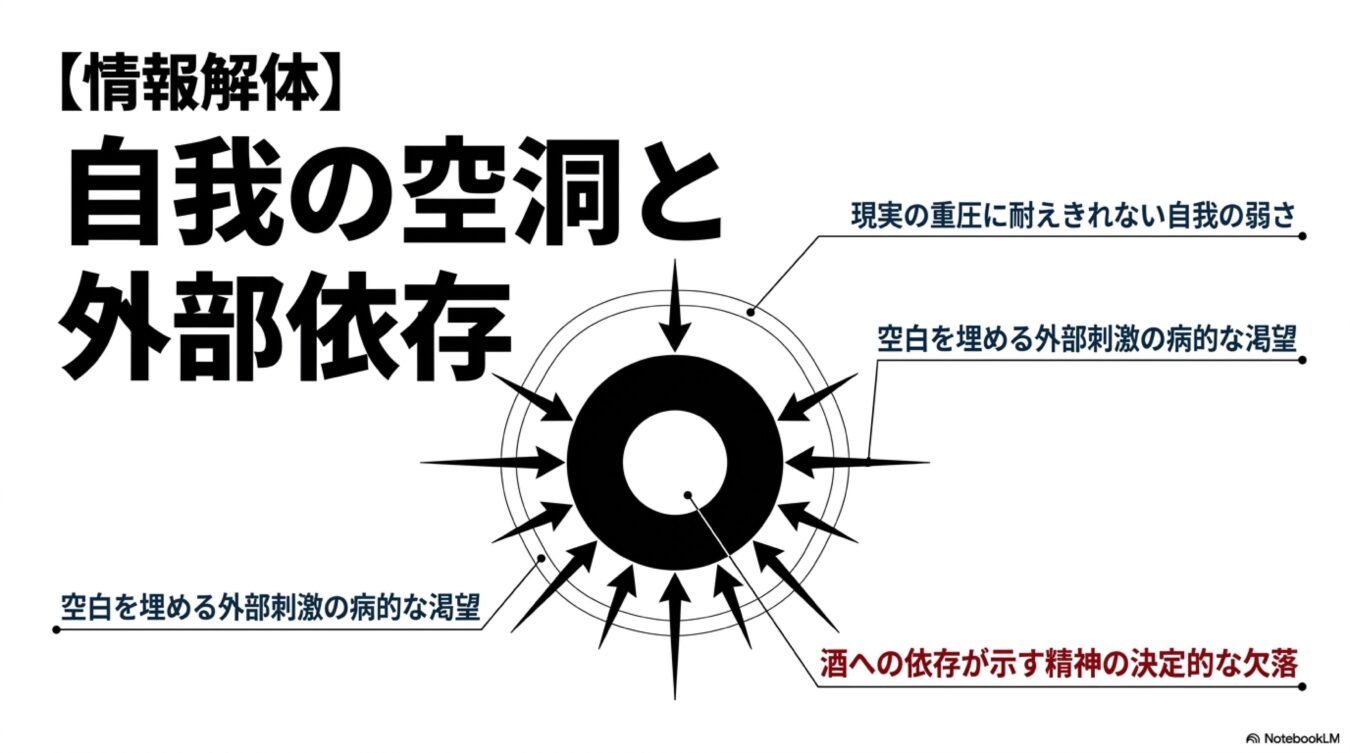 情報解体:自我の空洞と外部依存と題し、現実の重圧や外部刺激による渇望が、精神の欠落を埋める依存構造を表現した図解。