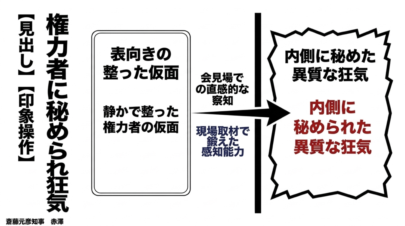 権力者が持つ表向きの整った仮面と、内側に秘められた異質な狂気を対比して解説する図解