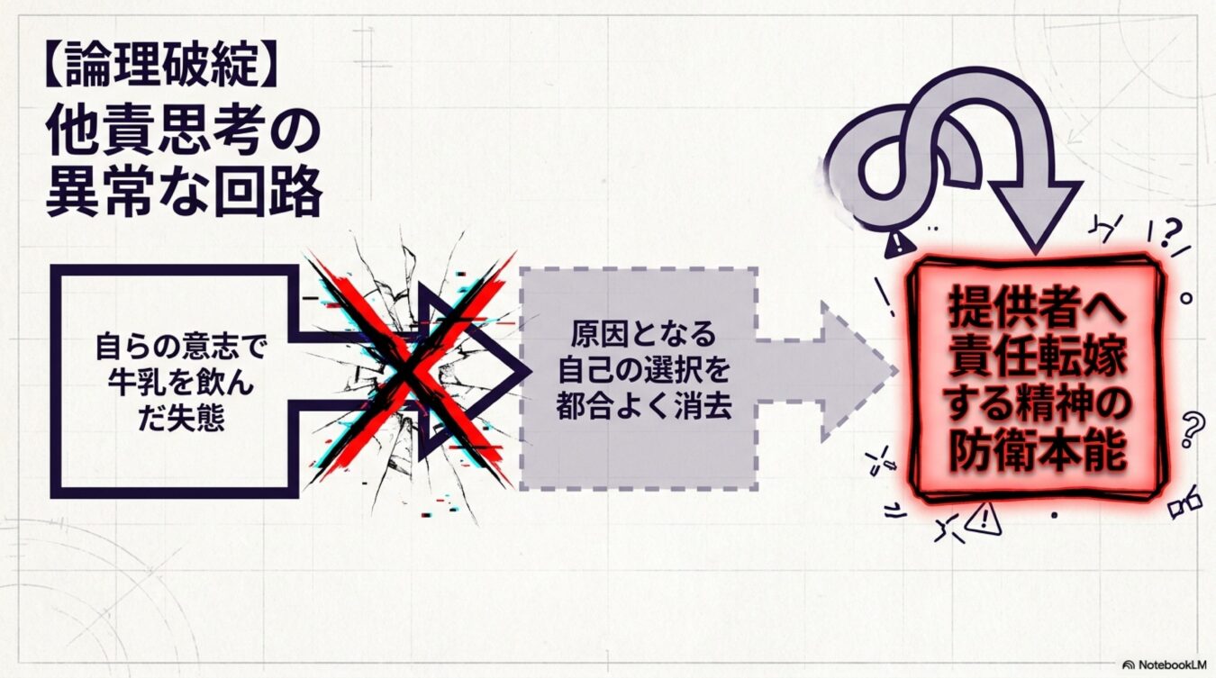 他責思考の論理破綻を示す図。自らの選択を消去し、提供者へ責任転嫁する精神的な防衛本能のメカニズムを解説している。