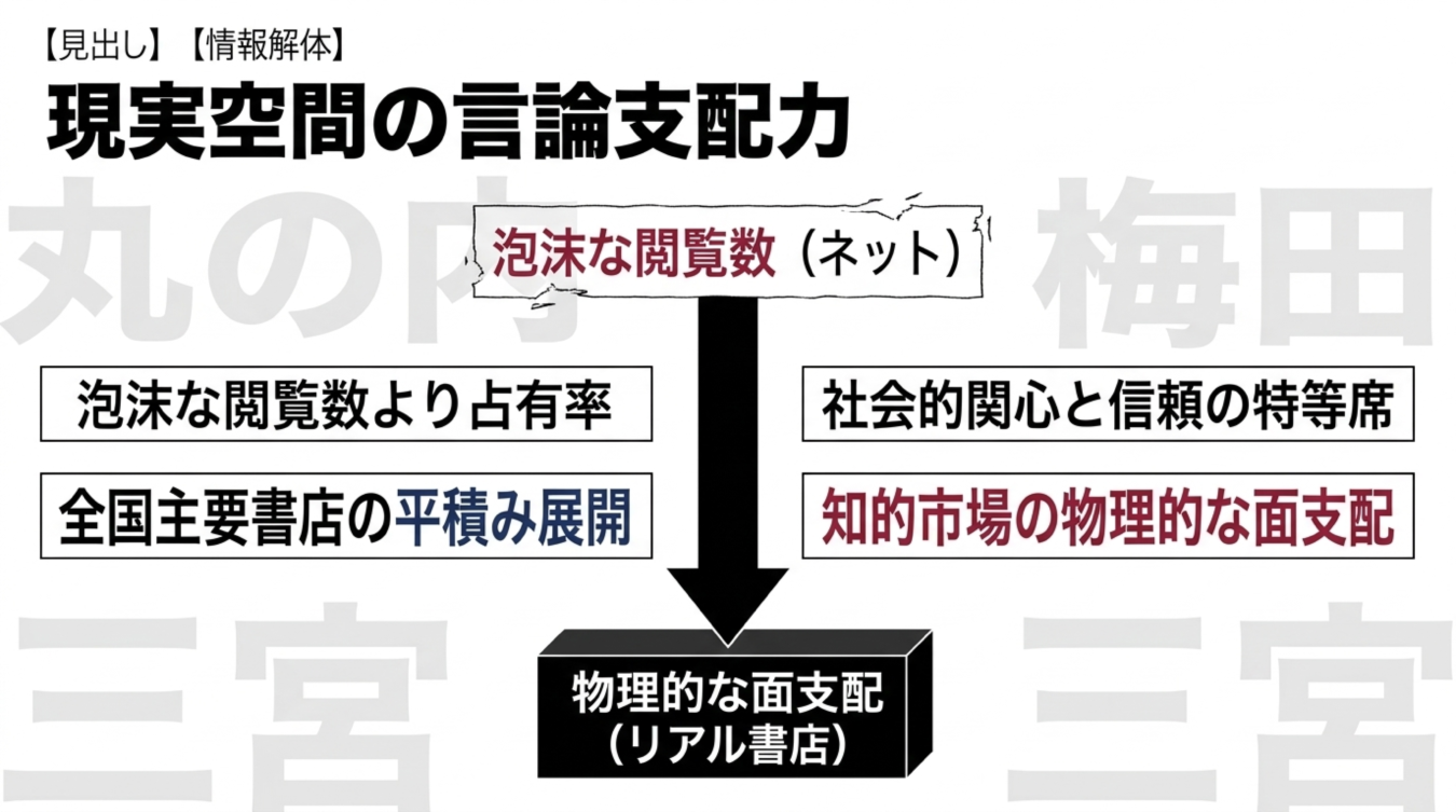 現実空間の言論支配力をテーマに、ネットの閲覧数とリアル書店の物理的な面支配を比較・解説する図解