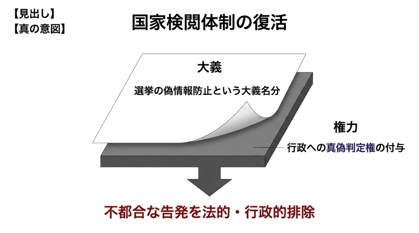 国家検閲体制の復活という見出しの下、選挙の偽情報防止を大義名分として行政に真偽判定権を付与し、不都合な告発を排除する仕組みを示した図解