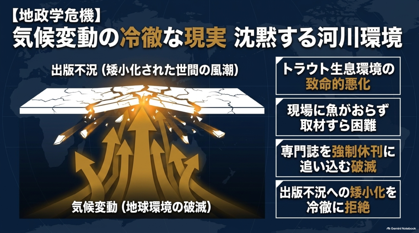 気候変動による河川環境の悪化と、それが引き起こす釣り専門誌の休刊という出版不況の連鎖構造を示す図解。