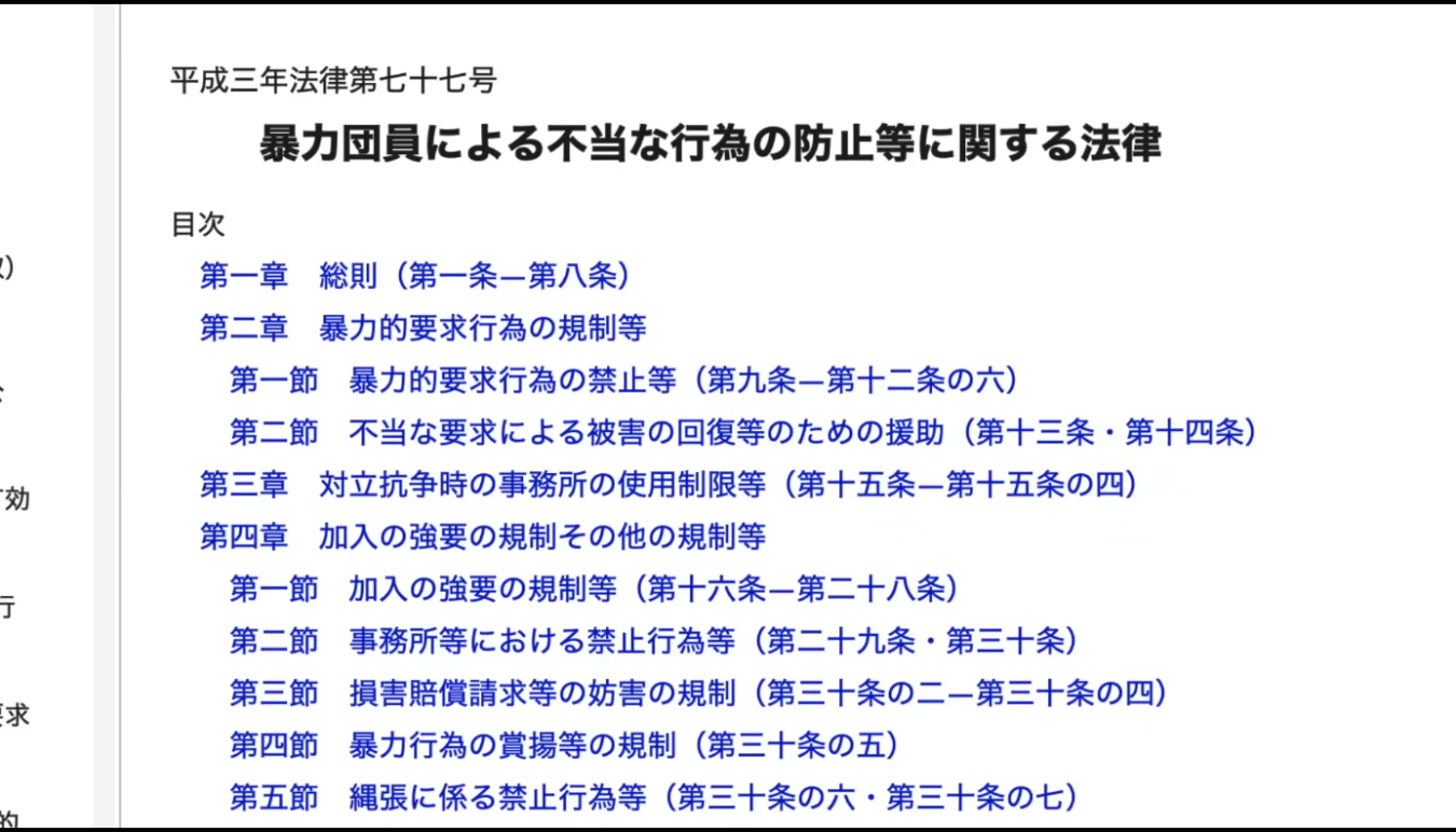 暴力団員による不当な行為の防止等に関する法律の目次を表示した文書のスクリーンショット