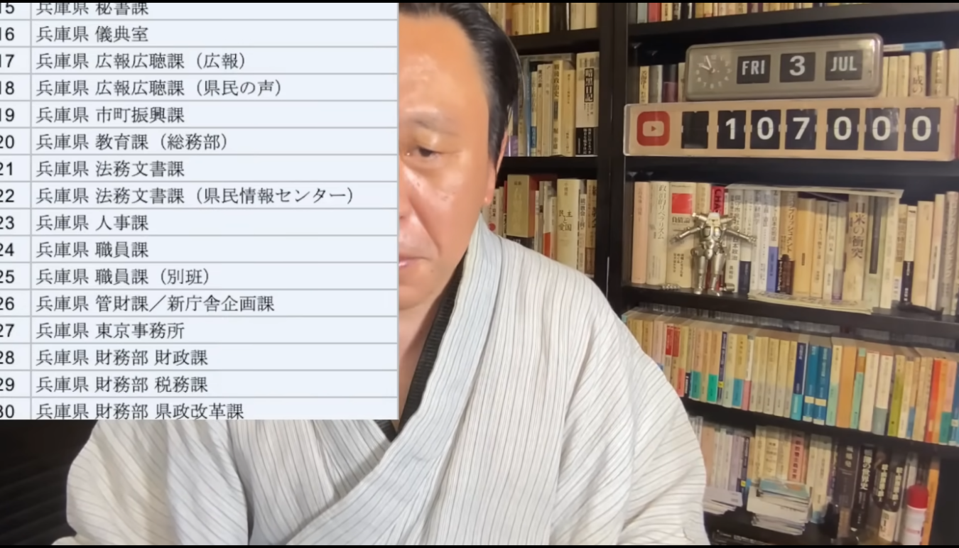 兵庫県庁の各部署名が記載されたリストを背景に、和服姿の菅野完が語る様子を映した動画のスクリーンショット。