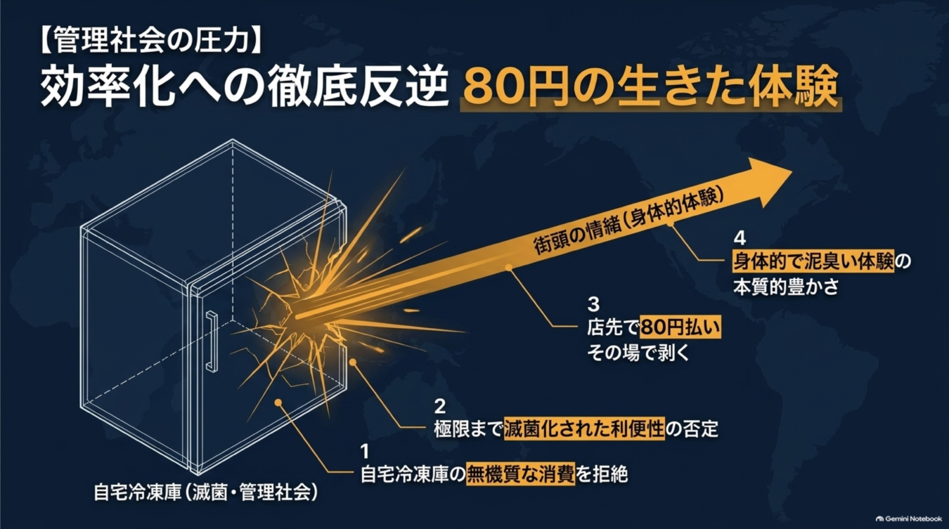 管理社会の効率化を否定し、街頭での体験を通じた泥臭い豊かさを求める思想を図解したインフォグラフィック。