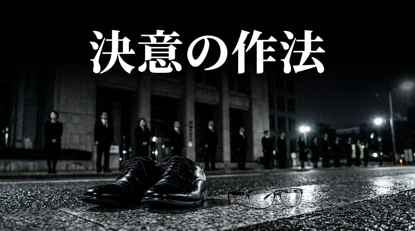 夜の街路に置かれた革靴と眼鏡、その背後に黒いスーツ姿の男女が並んで立つ様子。