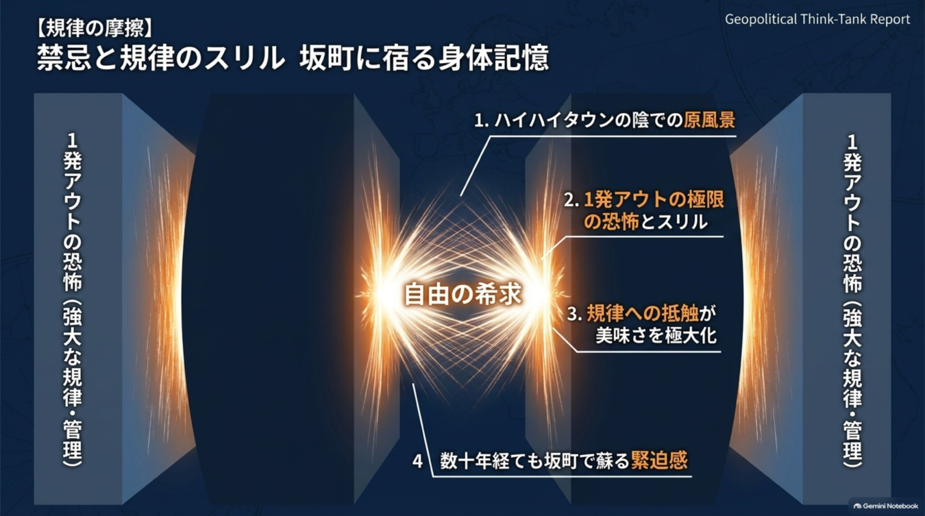 規律と管理による抑圧と、その狭間で生まれる自由への希求やスリル、身体記憶を表現した概念図。