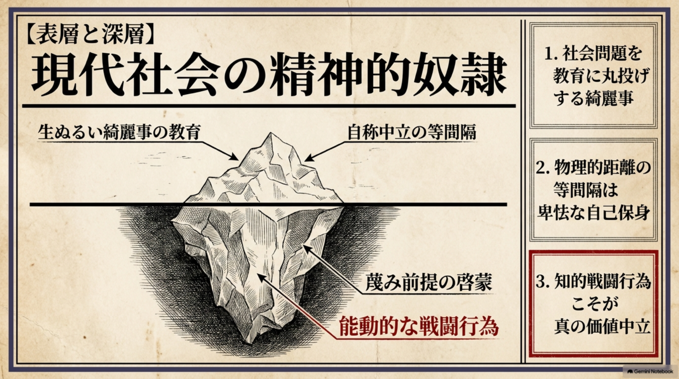現代社会の精神的奴隷を氷山に例え、表層の綺麗事と深層の知的戦闘行為の対比を解説する図解。