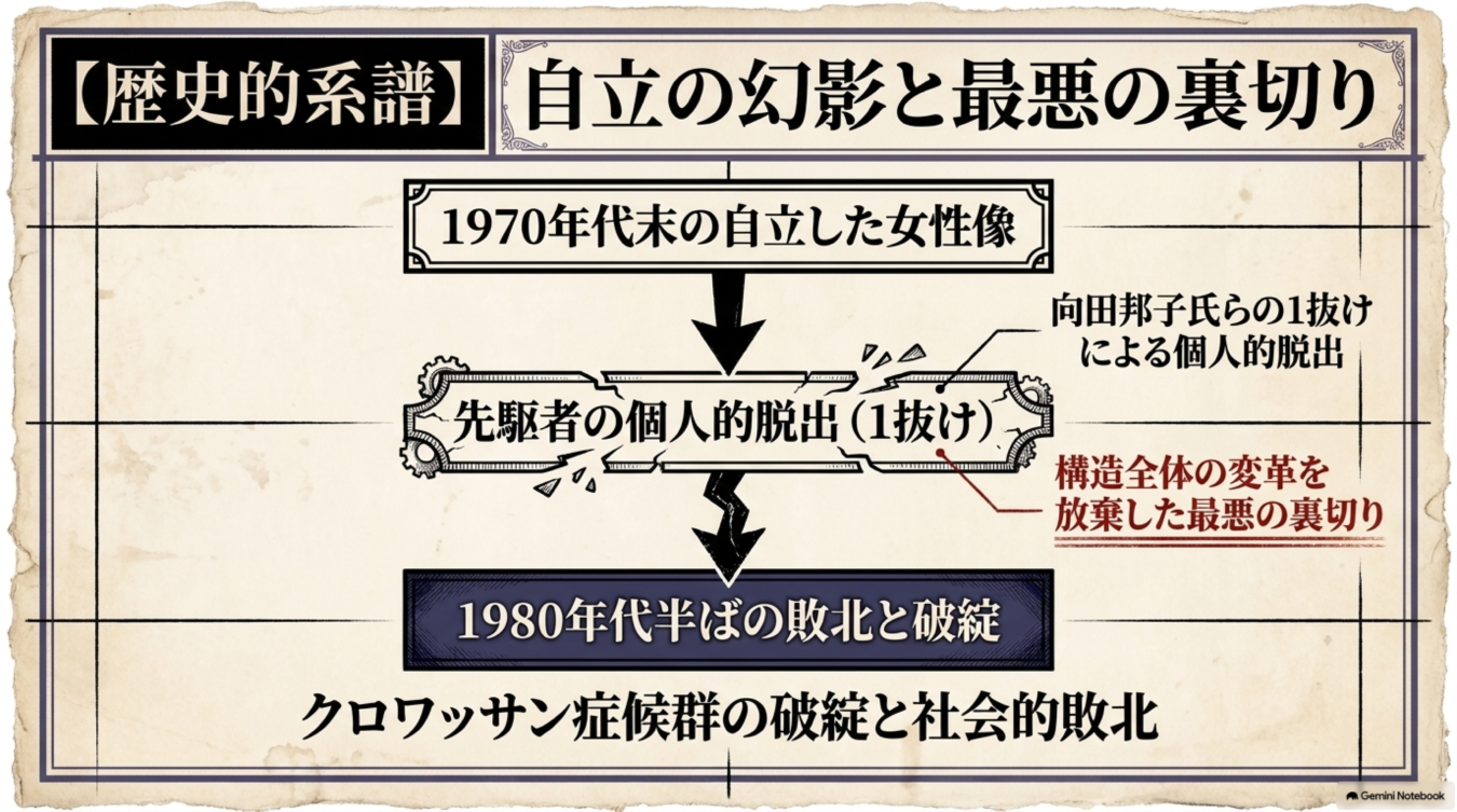 1970年代の自立した女性像から1980年代の敗北に至る歴史的系譜と、個人の脱出がもたらした構造的変革の放棄を示す図解。