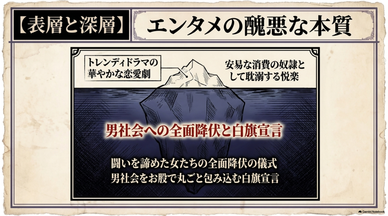 氷山を使い、華やかな恋愛ドラマの裏にある男社会への降伏というエンタメの醜悪な本質を批判的に図解したイラスト。