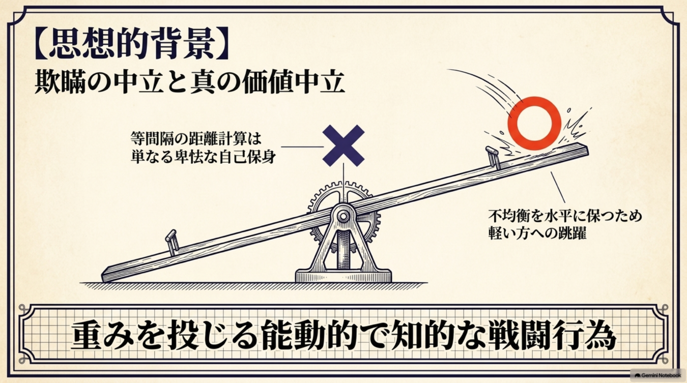 シーソーの図を用いて、欺瞞的な中立と真の価値中立の違いを対比させ、能動的な知的判断の重要性を説く概念図。