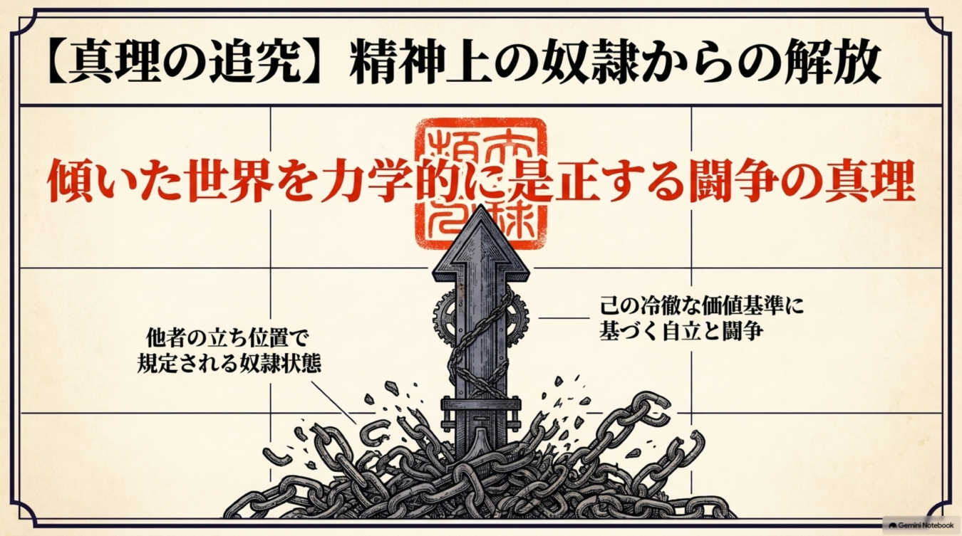 精神的な奴隷状態からの解放と、自立した価値基準に基づく闘争の真理を表現した、鎖を断ち切る矢印の図解イラスト。