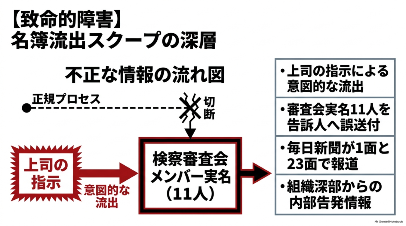 検察審査会メンバーの個人情報が上司の指示により不正流出し、毎日新聞で報じられた経緯を示す図解。
