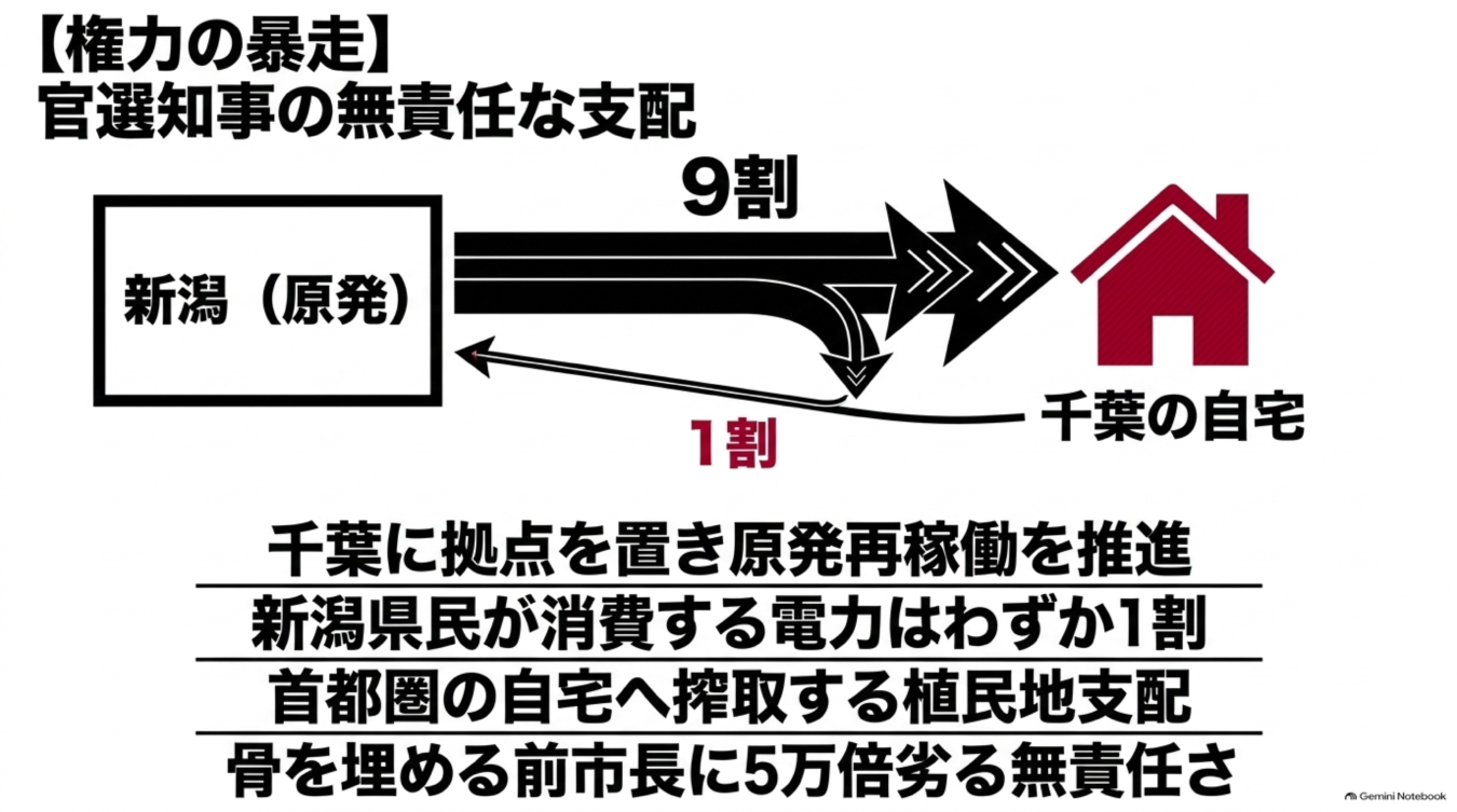 新潟の原発から千葉へ電力が送られる図と、官選知事の無責任な支配を批判するテキストが書かれた政治的な主張画像。