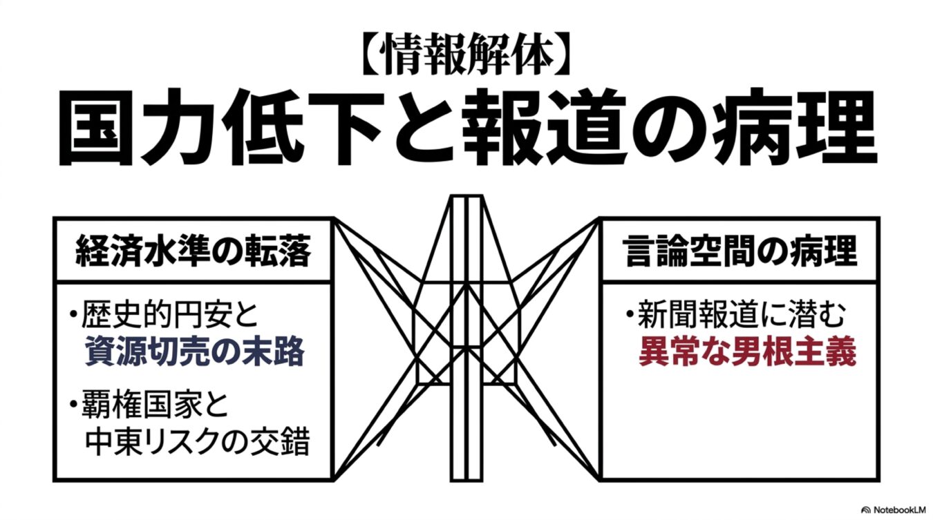 国力低下と報道の病理をテーマに、経済水準の転落と新聞報道に潜む異常な男根主義という二つの論点を図解した画像。