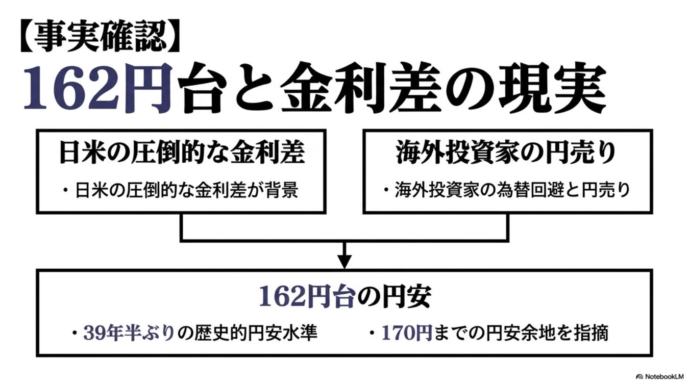 日米の金利差と海外投資家の円売りを背景に、39年半ぶりの水準となる162円台の円安が進行している現状を示す図。