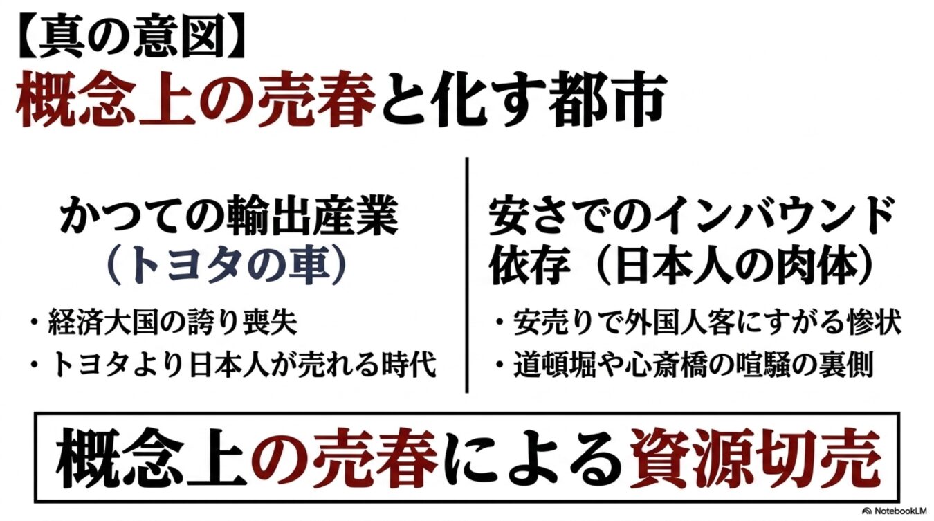 日本の輸出産業の衰退とインバウンド依存による経済の空洞化を、概念上の売春と表現して批判する図解。