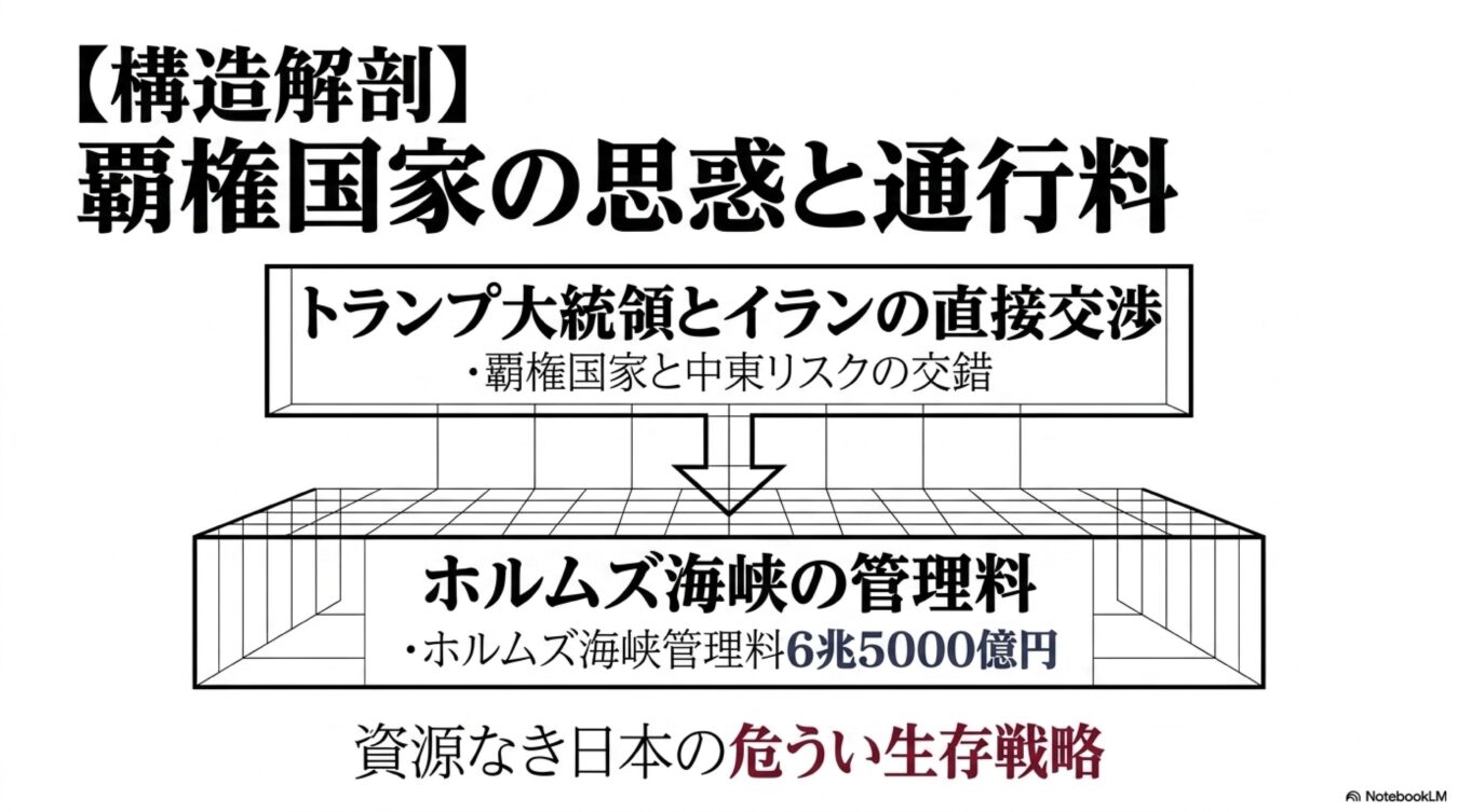 覇権国家の思惑と通行料をテーマに、トランプ大統領とイランの交渉、ホルムズ海峡の管理料、日本の生存戦略を図解した画像。