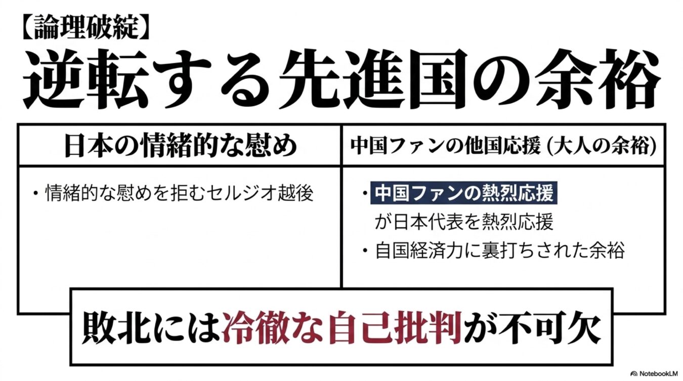 逆転する先進国の余裕という題名で、日本の情緒的な慰めと中国ファンの大人の余裕を対比し、敗北には冷徹な自己批判が必要だと説く図解。