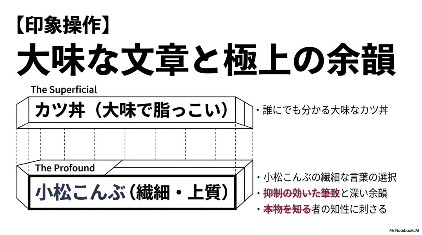 大味な文章と極上の余韻を対比させ、カツ丼と小松こんぶに例えて文章の質と読後感の違いを解説する図解。
