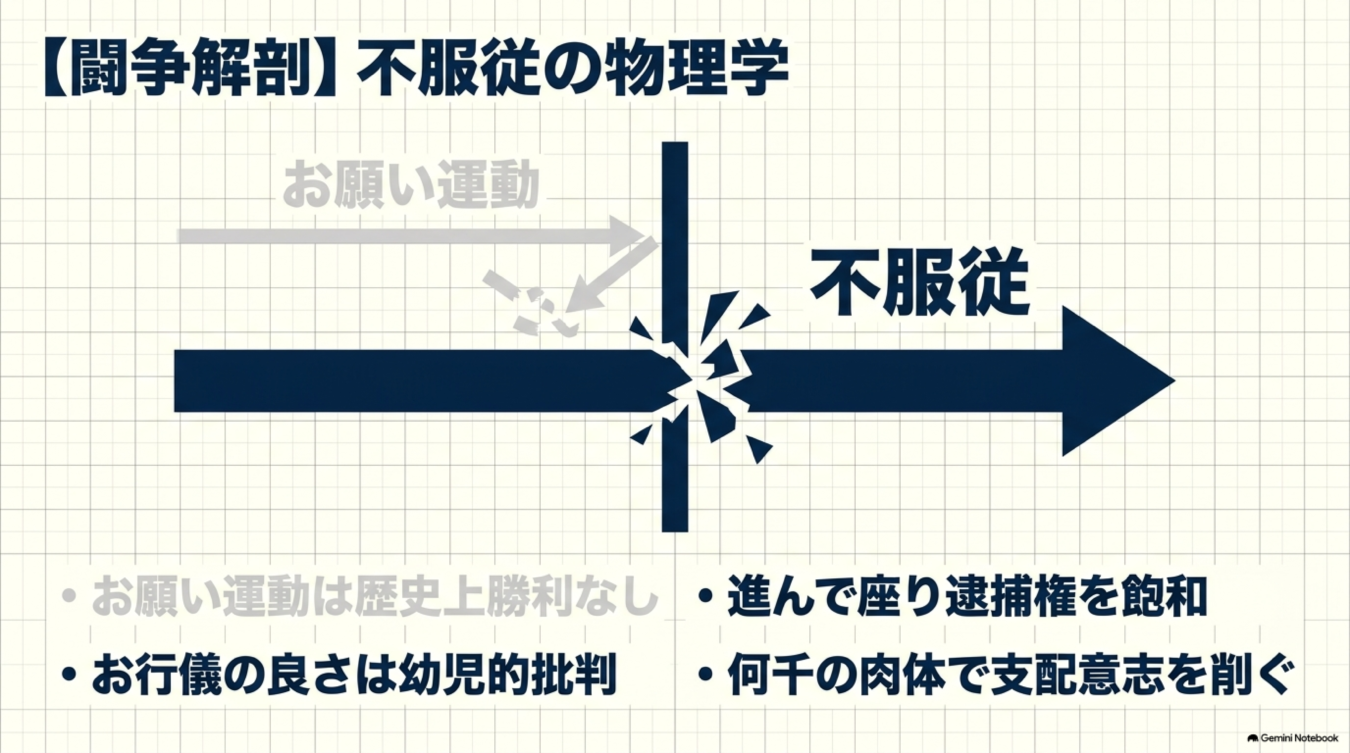 お願い運動」が壁に阻まれる様子と、壁を突き破る「不服従」の矢印を描いた図解。非暴力直接行動の有効性を物理学の比喩で解説している。