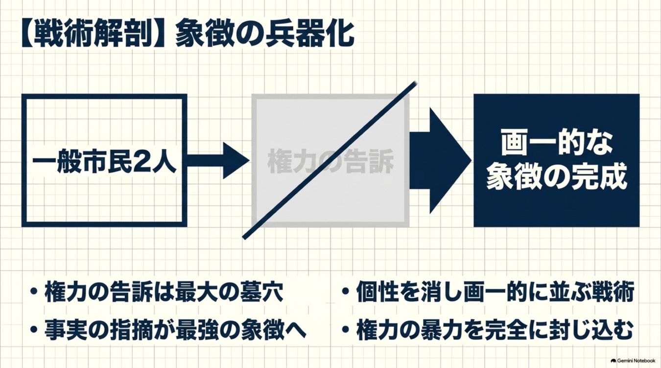 戦術解剖：象徴の兵器化」と題し、一般市民が権力の告訴を経て画一的な象徴へと変化する過程と、その戦術的意義を図解した解説画像。