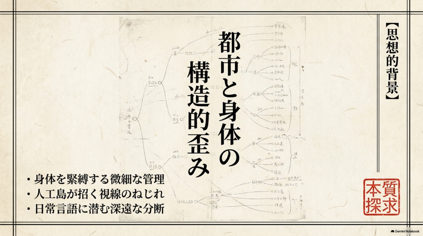 都市と身体の構造的歪み」という題字と、都市の管理や人工島に関する考察が記された概念図の画像。