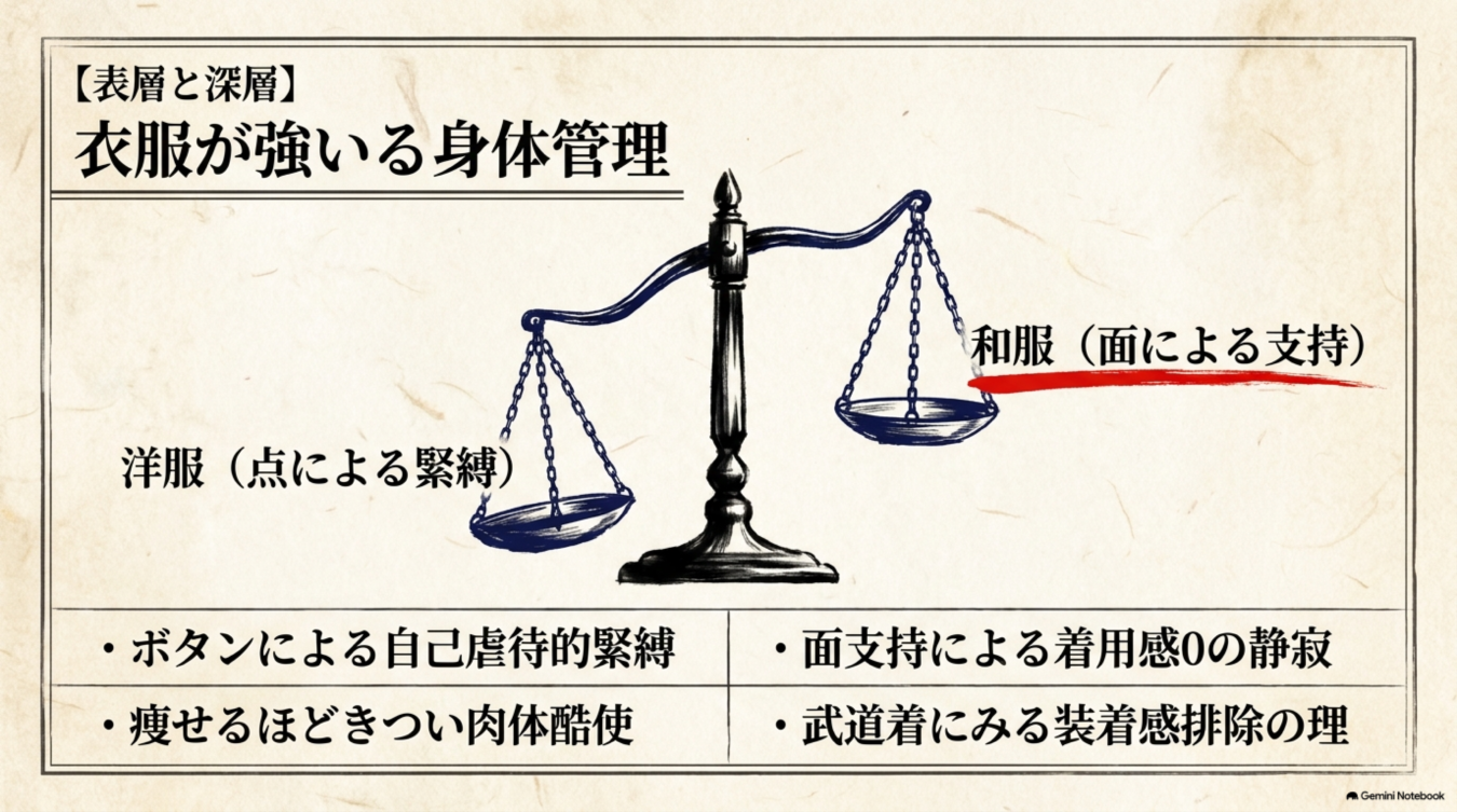 洋服の点による緊縛と和服の面による支持を天秤で比較し、身体管理における衣服の構造的違いを対比させた図解。