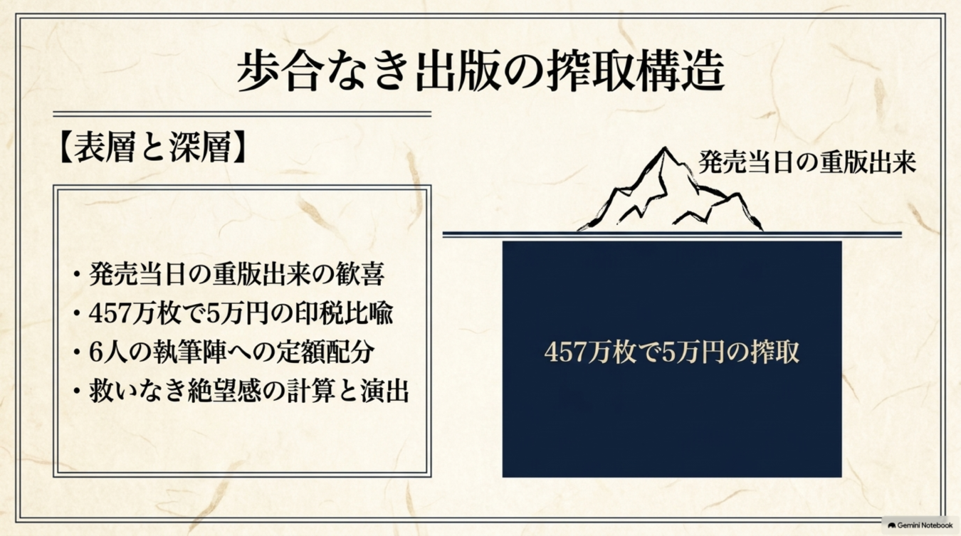 歩合制ではない出版業界の搾取構造を、氷山の一角になぞらえて批判的に図解したスライド画像。