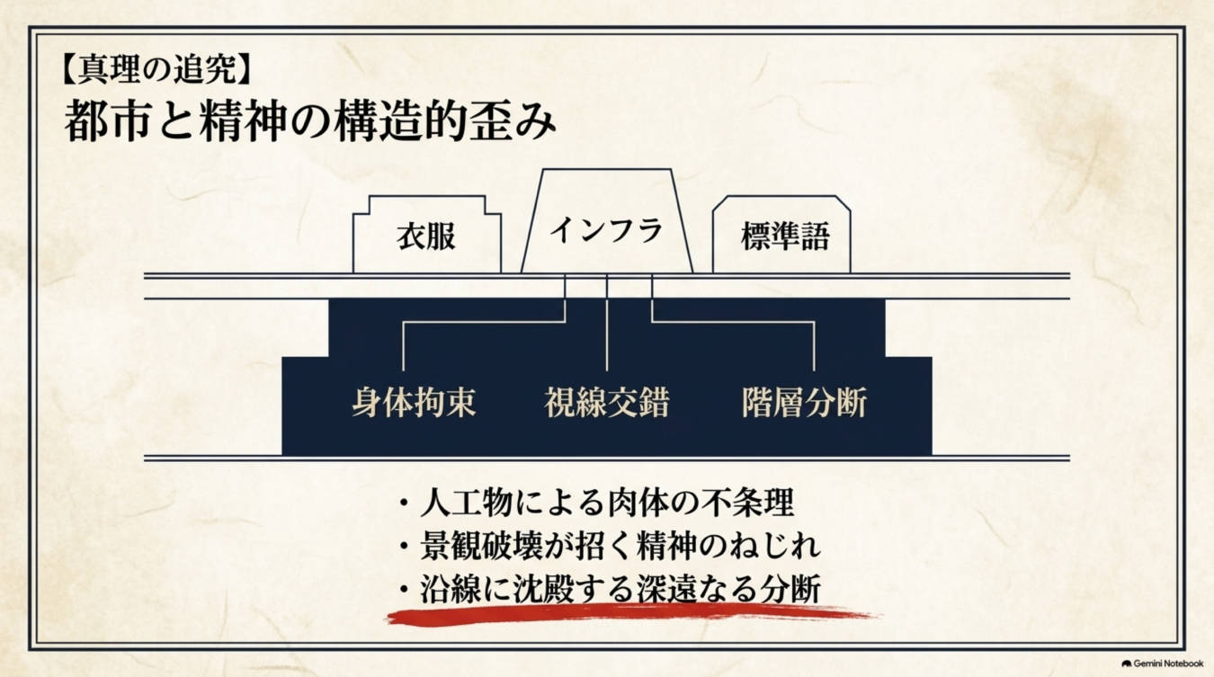 都市と精神の構造的歪みをテーマに、衣服やインフラが身体や社会階層に与える影響を解説した図解。