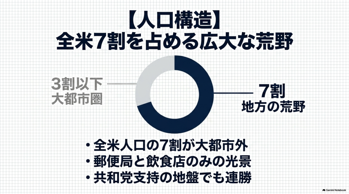 全米人口の7割が地方に居住し、共和党の地盤となっている現状を示す人口構造の円グラフと解説文。