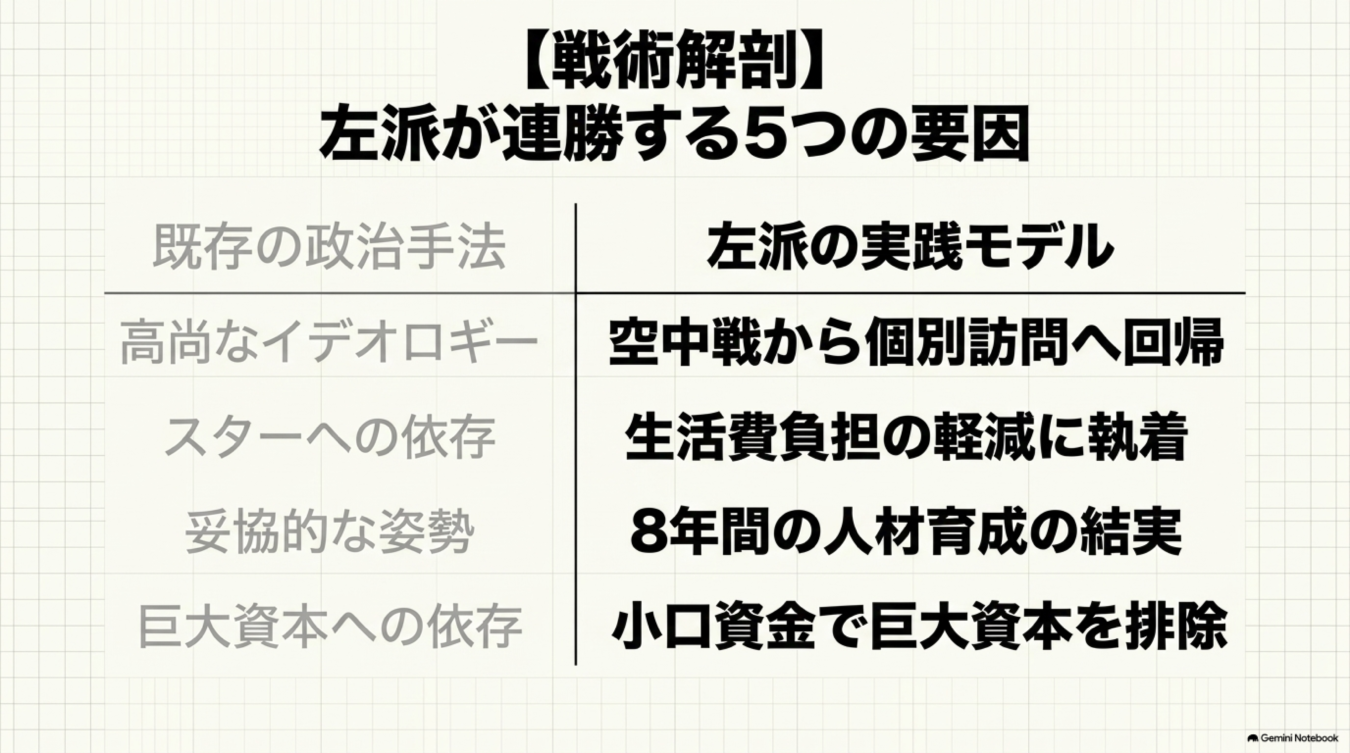 左派が連勝する5つの要因を分析した表。既存の政治手法と左派の実践モデルを比較し、空中戦から個別訪問への回帰や小口資金の活用などを対比させている。