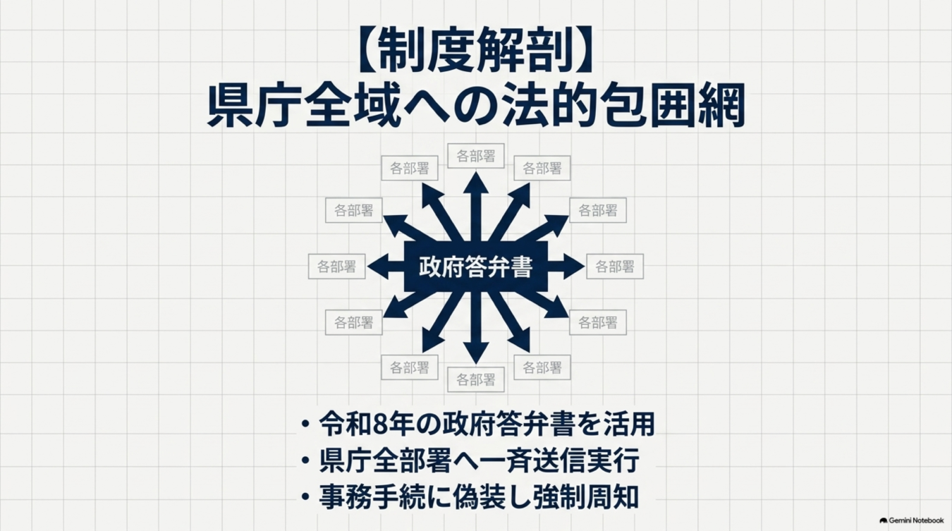 令和8年の政府答弁書を活用し、県庁全部署へ事務手続きを装って強制的に周知する法的包囲網の仕組みを示す図解。