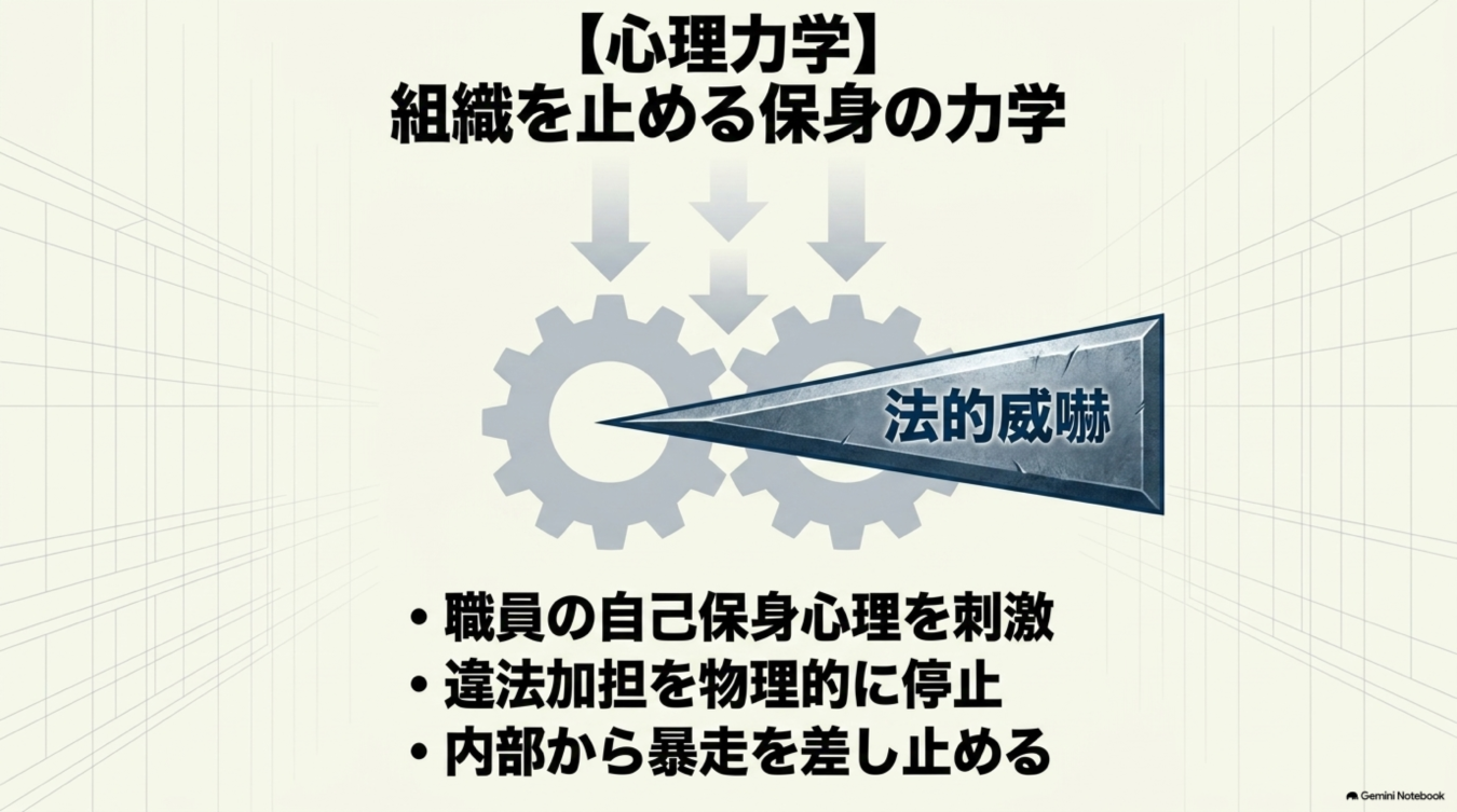 組織の暴走を止めるための法的威嚇による心理的効果を、歯車に楔を打ち込む図解で示した概念図。